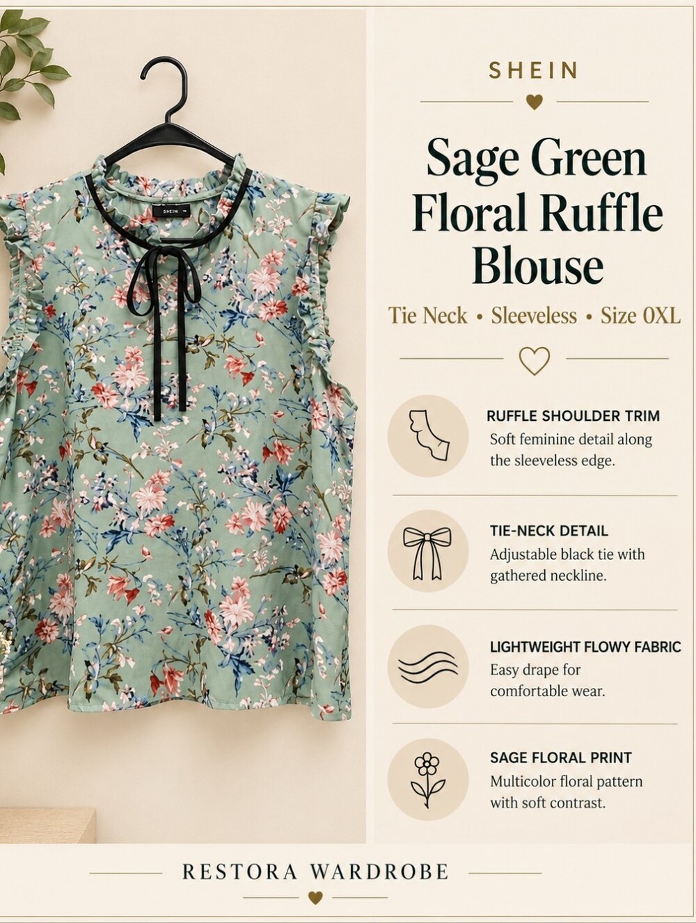 SHEIN Sage Green Floral Ruffle Tie Neck Blouse Poetcore Plus 0XL